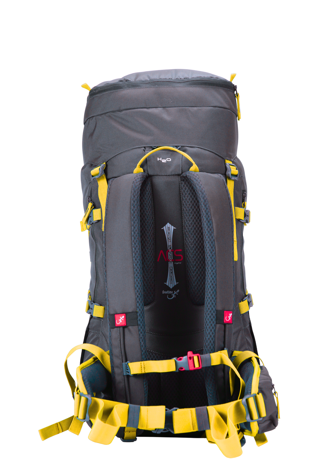 Sac à dos Everest 40 version 2.0, marque Freetime, gris foncé avec sangles jaunes, vue de dos, avec le dos ACS light.