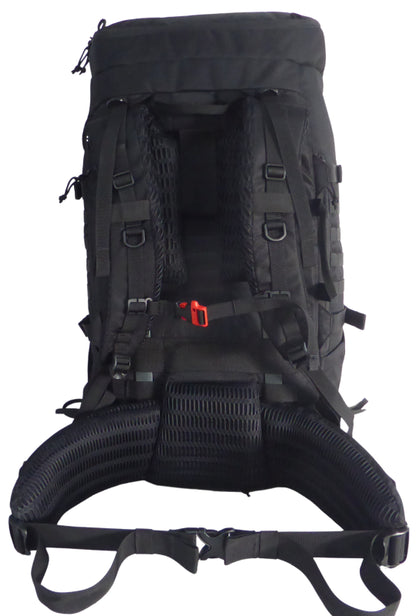 Sac d'évacuation Auroch 55 litres - vue de dos avec les bretelles et la ceinture moussées et renforcées pour le port de charges lourdes.