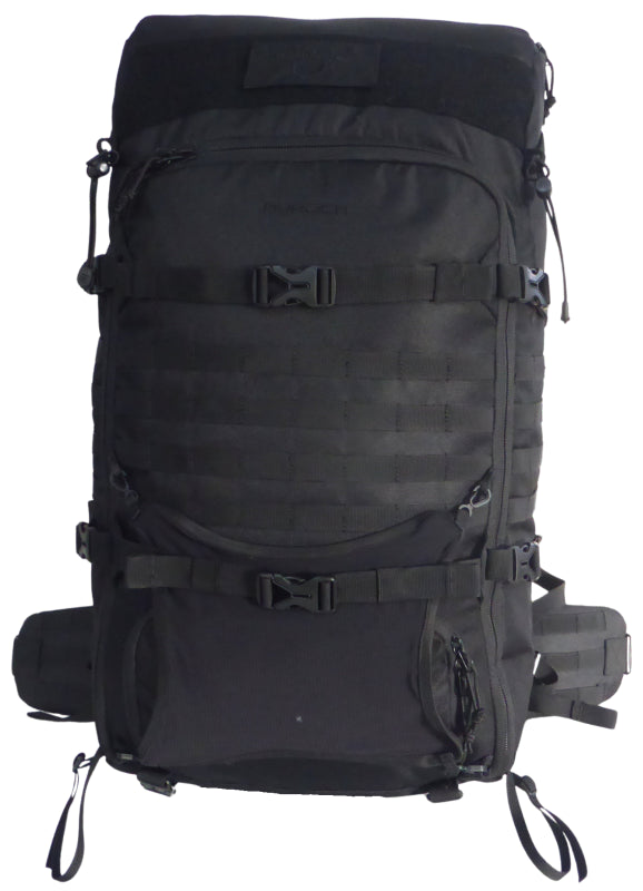Sac d'évacuation Auroch 55 litres vue de face, avec le système MOLLE sur l'avant, les sangles de compression et le porte équipement extensible.