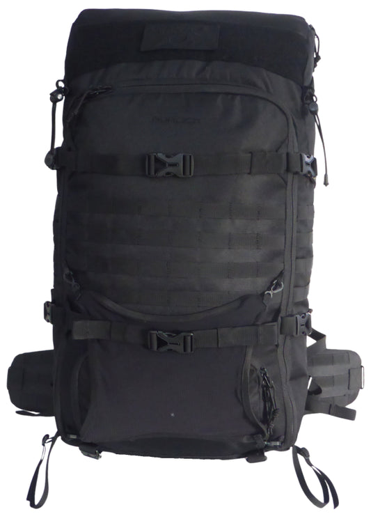 Sac d'évacuation Auroch 55 litres vue de face, avec le système MOLLE sur l'avant, les sangles de compression et le porte équipement extensible.
