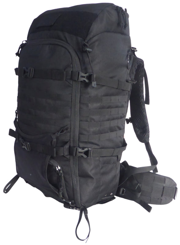 Sac d'évacuation Auroch 55 litres vue de côté, avec le système MOLLE sur l'avant, les flancs et la ceinture.