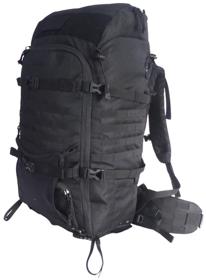 Sac d'évacuation Auroch 55 litres vue de côté, avec le système MOLLE sur l'avant, les flancs et la ceinture.