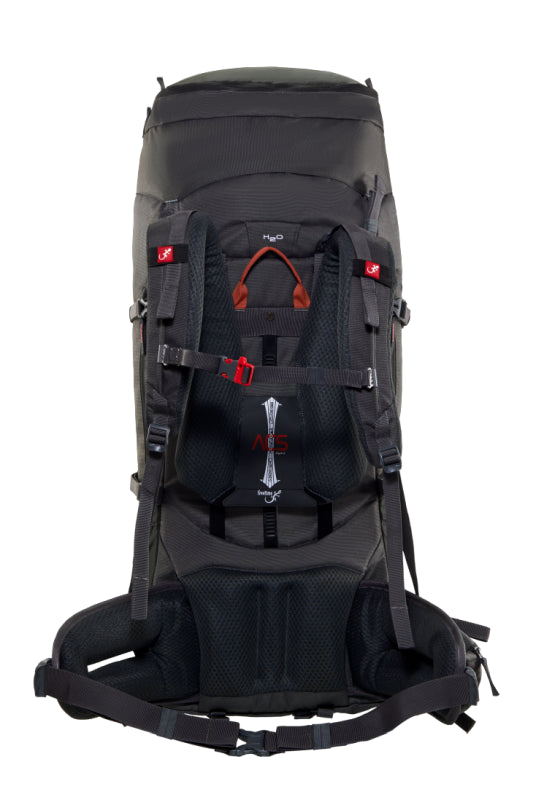 Sac de montagne Everest 80 litres, gris avec sangles rouges, vu de dos pour montrer le système de réglage ultra précis Advence Comfort System.