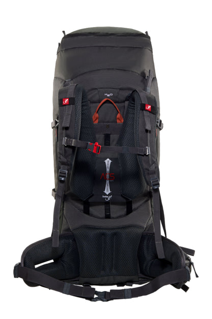 Sac de montagne Everest 80 litres, gris avec sangles rouges, vu de dos pour montrer le système de réglage ultra précis Advence Comfort System.