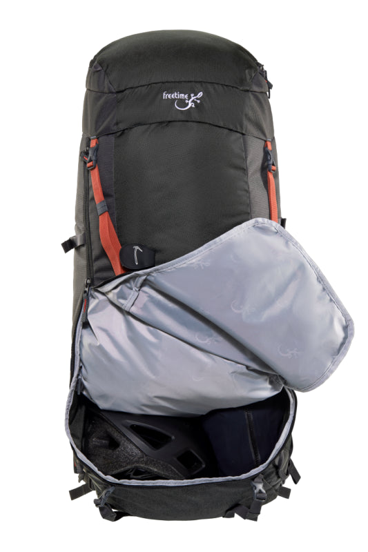 Sac de montagne Everest 80 litres, gris avec sangles rouges, vu de face avec le zipper frontal ouvert.