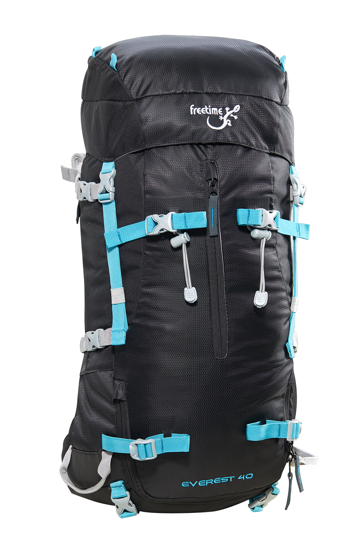 Sac à dos Everest 40, marque Freetime, noir avec sangles bleues, vue de devant.