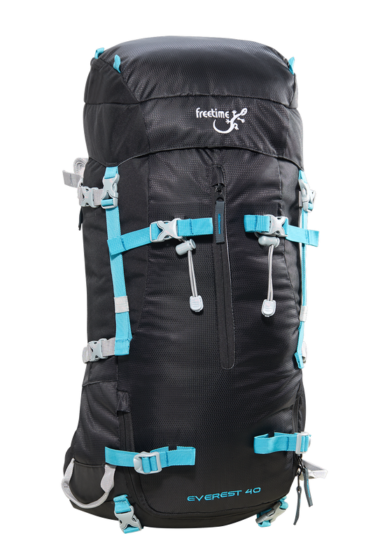 Sac à dos Everest 40, marque Freetime, noir avec sangles bleues, vue de devant.