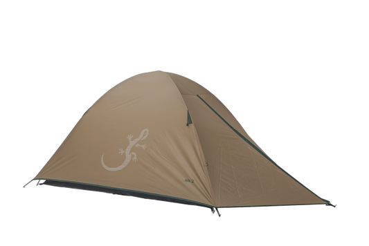 Tente 2 personnes Isis 2, marque Freetime, vue de trois quart. Couleur beige et détails vert forêt