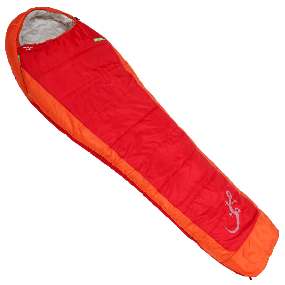 Sac de couchage d'hiver King 300, marque Freetime, vue déroulé, couleurs extérieures rouge et orange, intérieur gris perle.
