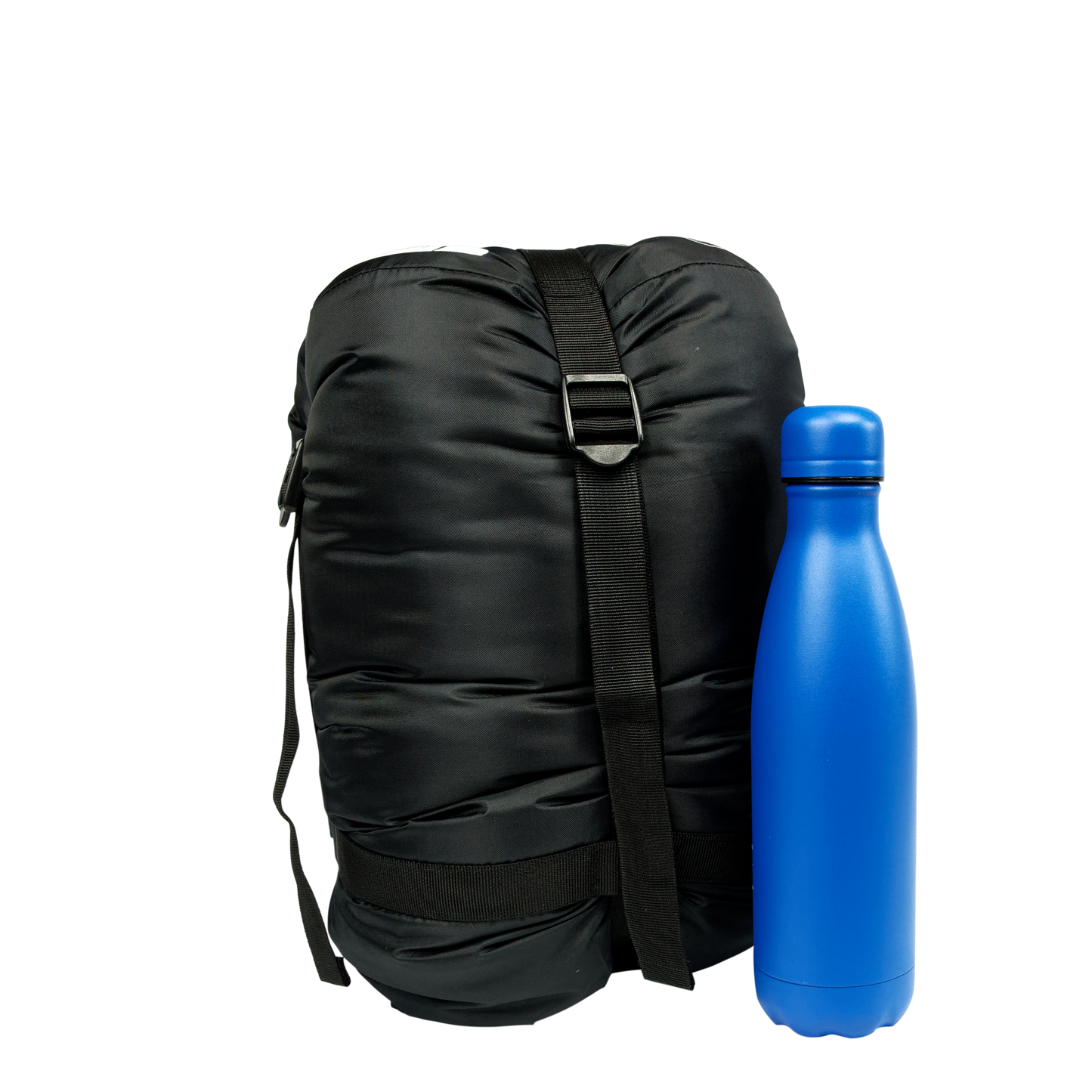 Sac de couchage d'hiver King 300, marque Freetime, dans son sac de rangement compreimé au maximum, avec une gourde de 800ml pour comparaison.