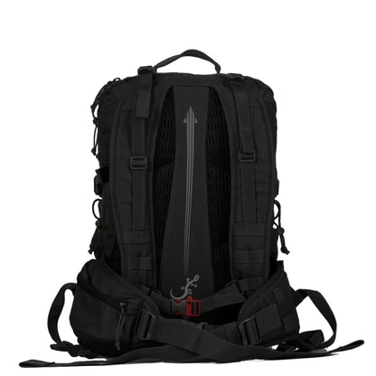 Sac d'évacuation Mangouste 32 litres - vue de dos- ceinture avec système MOLLE d'un côté et poche zippée de l'autre, sangle poitrine avec sifflet d'urgence