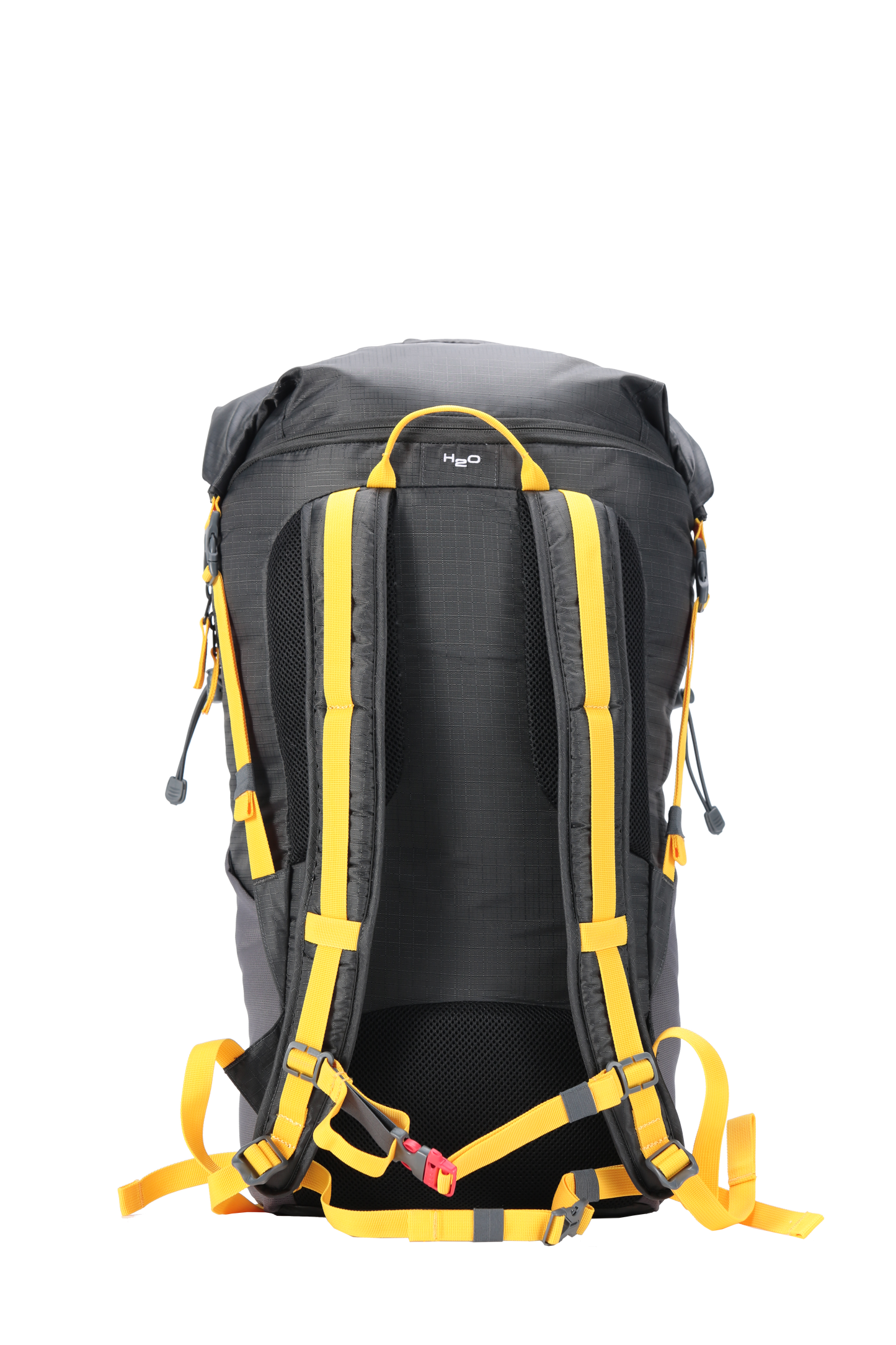 Sac à dos ultra léger Moby 30 litres - vue de dos - gris avec sangles jaunes - sangle poitrine avec sifflet d'urgence.