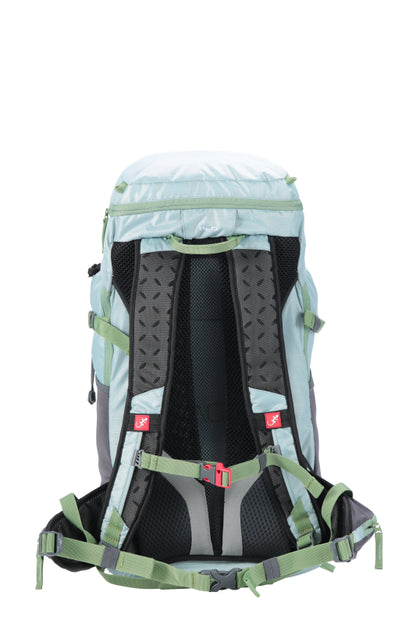 Sac à dos filet-tendu Nistos 35 litres - vue de dos - bleu ciel avec sangles vertes - bretelles aérées et sangle poitrine avec sifflet d'urgence.