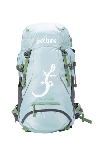 Sac à dos filet-tendu Nistos 35 litres - vue de face - bleu ciel avec sangles vertes et grande salamandre blanche sur l'avant.