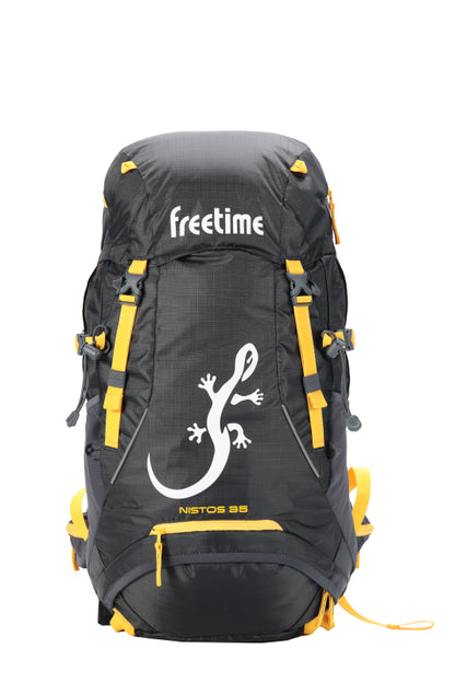 Sac à dos filet-tendu Nistos 35 litres - vue de face - gris avec sangles jaunes et grande salamandre blanche sur l'avant.