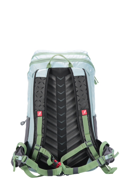Sac à dos ultra léger Paseo 25 litres - vue de dos - Bleu ciel avec sangles vertes - sangle poitrine avec sifflet d'urgence.