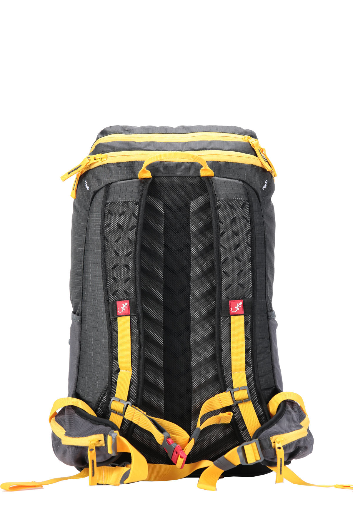 Sac à dos ultra léger Paseo 25 litres - vue de dos - gris avec sangles jaunes - sangle poitrine avec sifflet d'urgence.