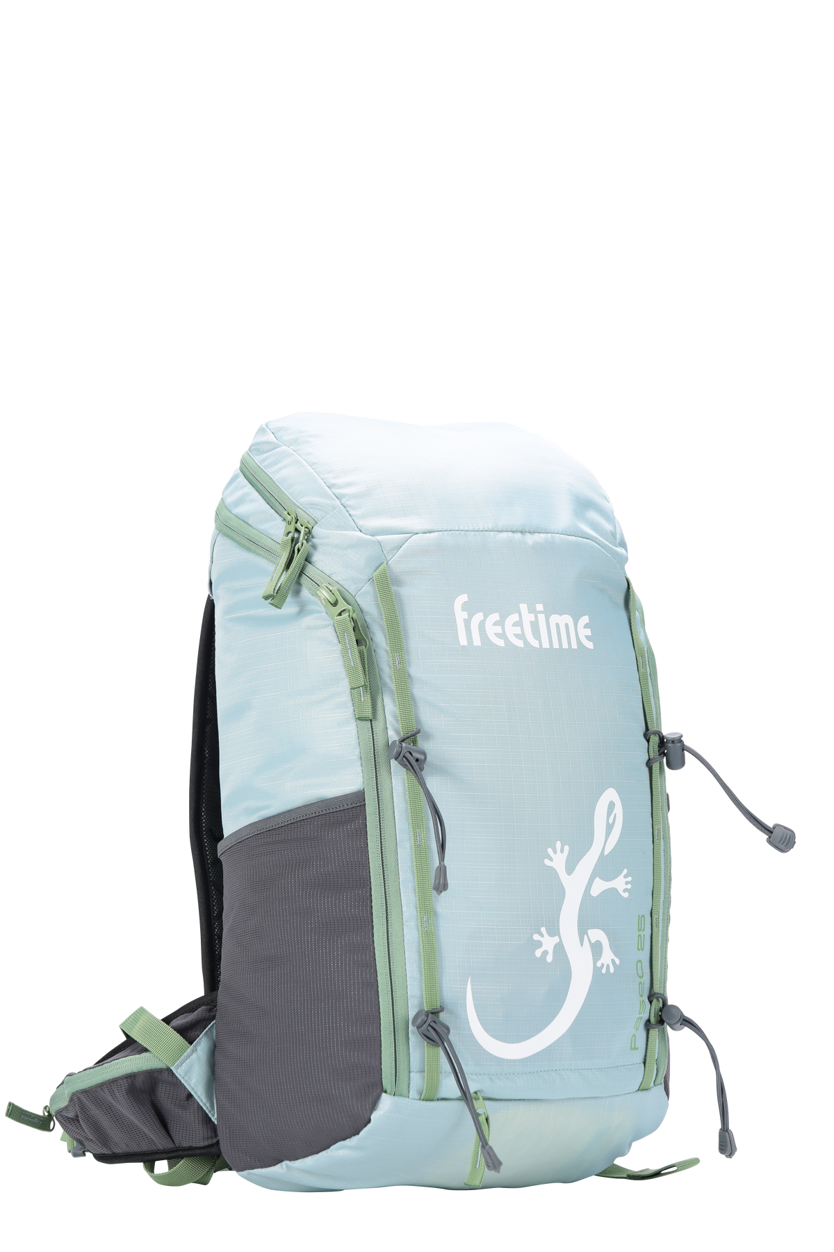 Sac à dos ultra léger Paseo 25 litres - vue de trois-quart - bleu ciel avec sangles vertes - poche latérale extensible.
