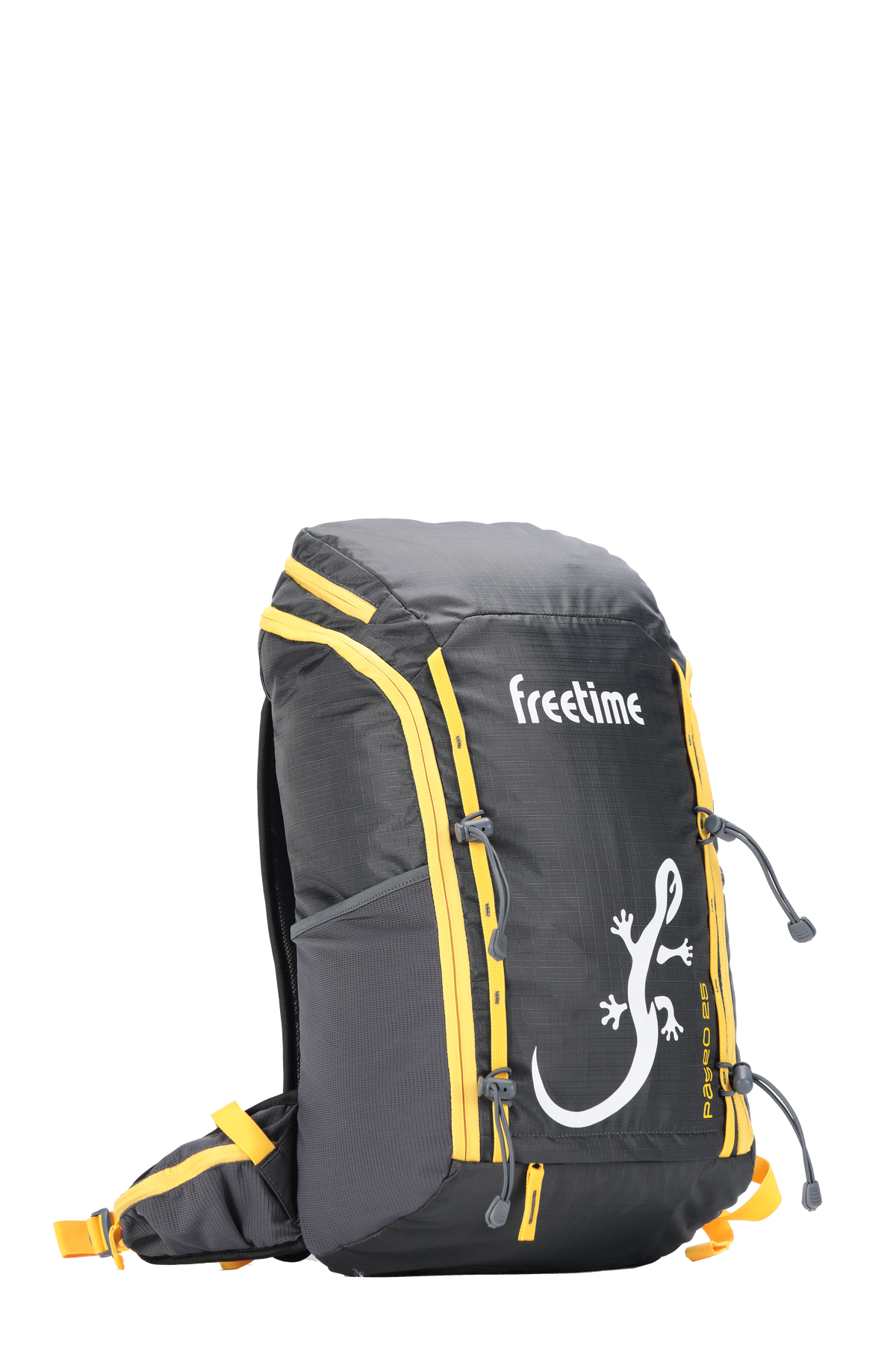 Sac à dos ultra léger Paseo 25 litres - vue de trois-quart - gris avec sangles jaunes - poche latérale extensible.
