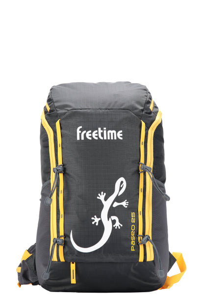 Sac à dos polyvalent Paseo 25 litres - vue de face - gris avec sangles jaunes et grande salamandre blanche sur l'avant - très léger et versatile
