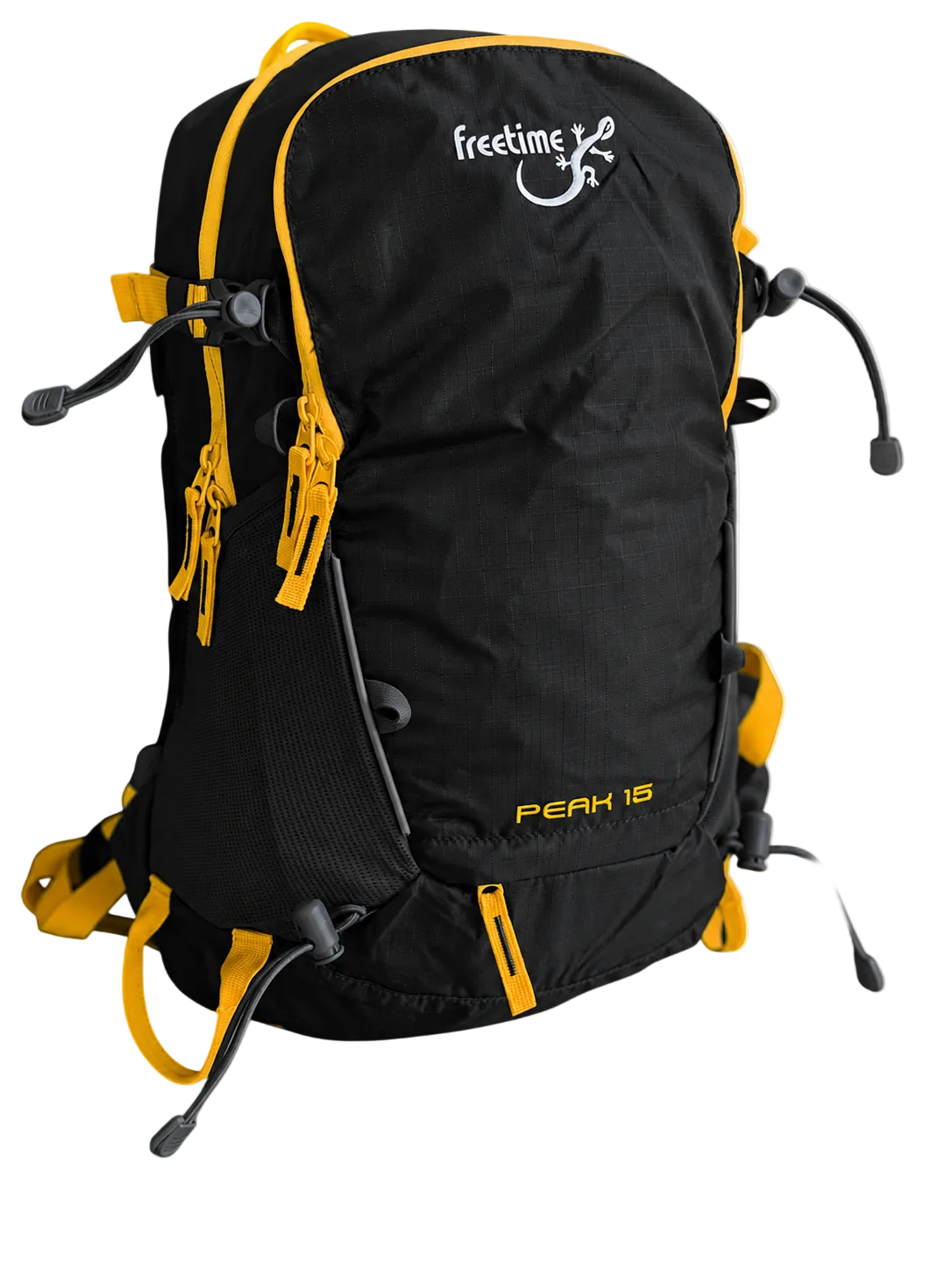 Sac à dos ultra léger Peak 15 litres - vue de trois-quart - gris foncé avec sangles jaunes.