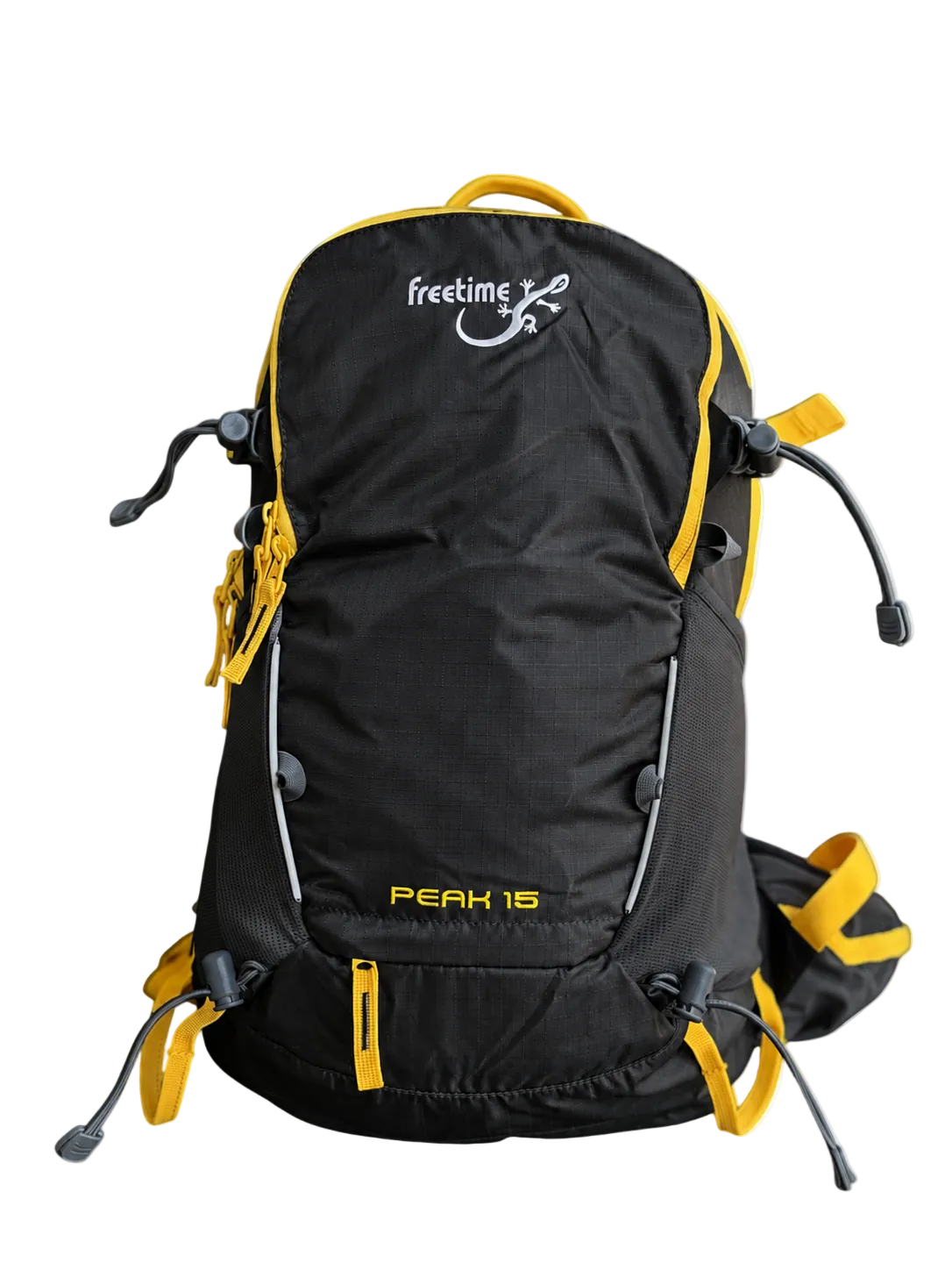 Sac à dos ultra léger Peak 15 litres - vue de devant - gris foncé avec sangles jaunes.