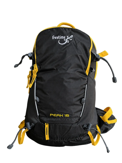 Sac à dos ultra léger Peak 15 litres - vue de devant - gris foncé avec sangles jaunes.