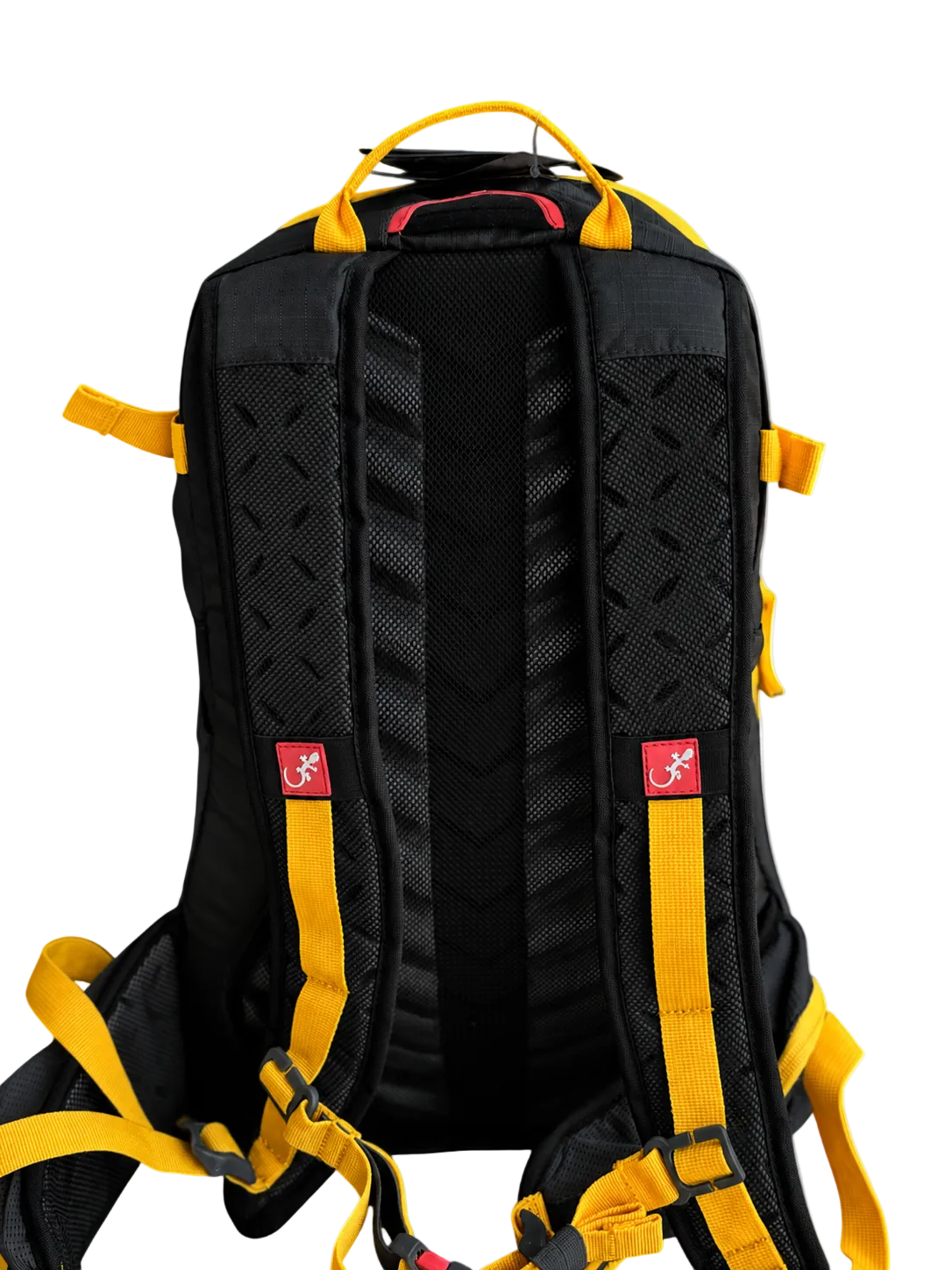 Sac à dos ultra léger Peak 15 litres - vue de dos- gris foncé avec sangles jaunes.