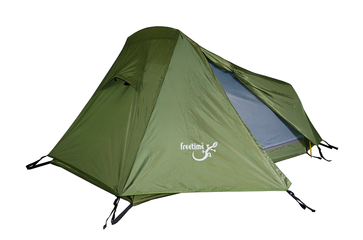 Tente de trek 1 personnes Raidlite 1 DLX, marque Freetime, vue de côté, ouverte. Couleur verte.
