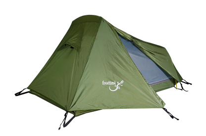 Tente de trek 1 personnes Raidlite 1 DLX, marque Freetime, vue de côté, ouverte. Couleur verte.