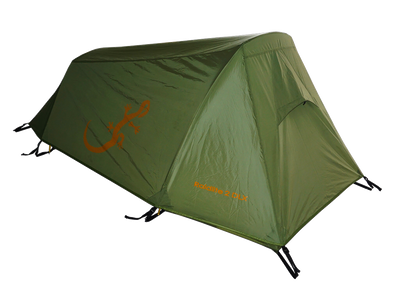 Tente de trek 2 personnes Raidlite 2 DLX, marque Freetime, vue de toirs quart. Couleur verte.