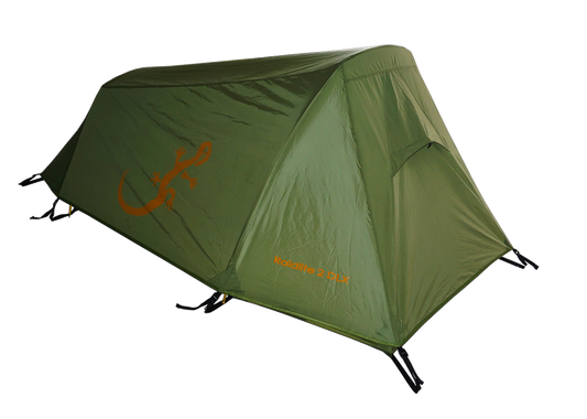 Tente de trek 2 personnes Raidlite 2 DLX, marque Freetime, vue de toirs quart. Couleur verte.