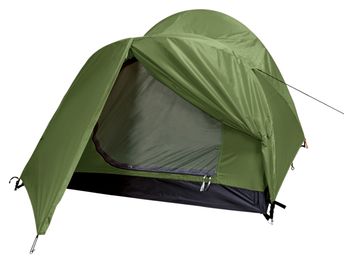 Tente cyclotourisme 2 personnes Ride 2 DLX, marque Freetime, vue arrière, avec seconde porte ouverte. Couleur vert forêt