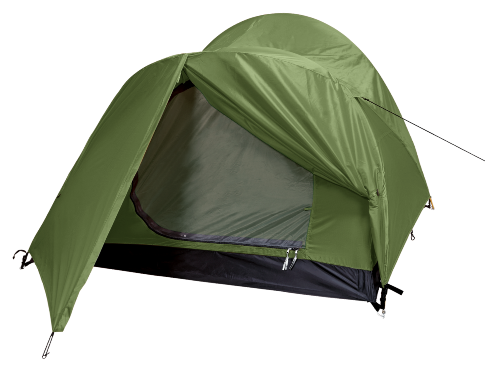 Tente cyclotourisme 2 personnes Ride 2 DLX, marque Freetime, vue arrière, avec seconde porte ouverte. Couleur vert forêt