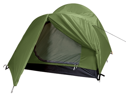 Tente cyclotourisme 2 personnes Ride 2 DLX, marque Freetime, vue arrière, avec seconde porte ouverte. Couleur vert forêt