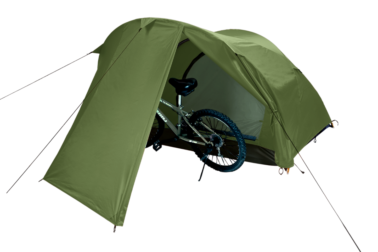 Tente cyclotourisme 2 personnes Ride 2 DLX, marque Freetime, vue de trois-quart avant, avec un vélo sous la grande abside avant. Couleur vert forêt