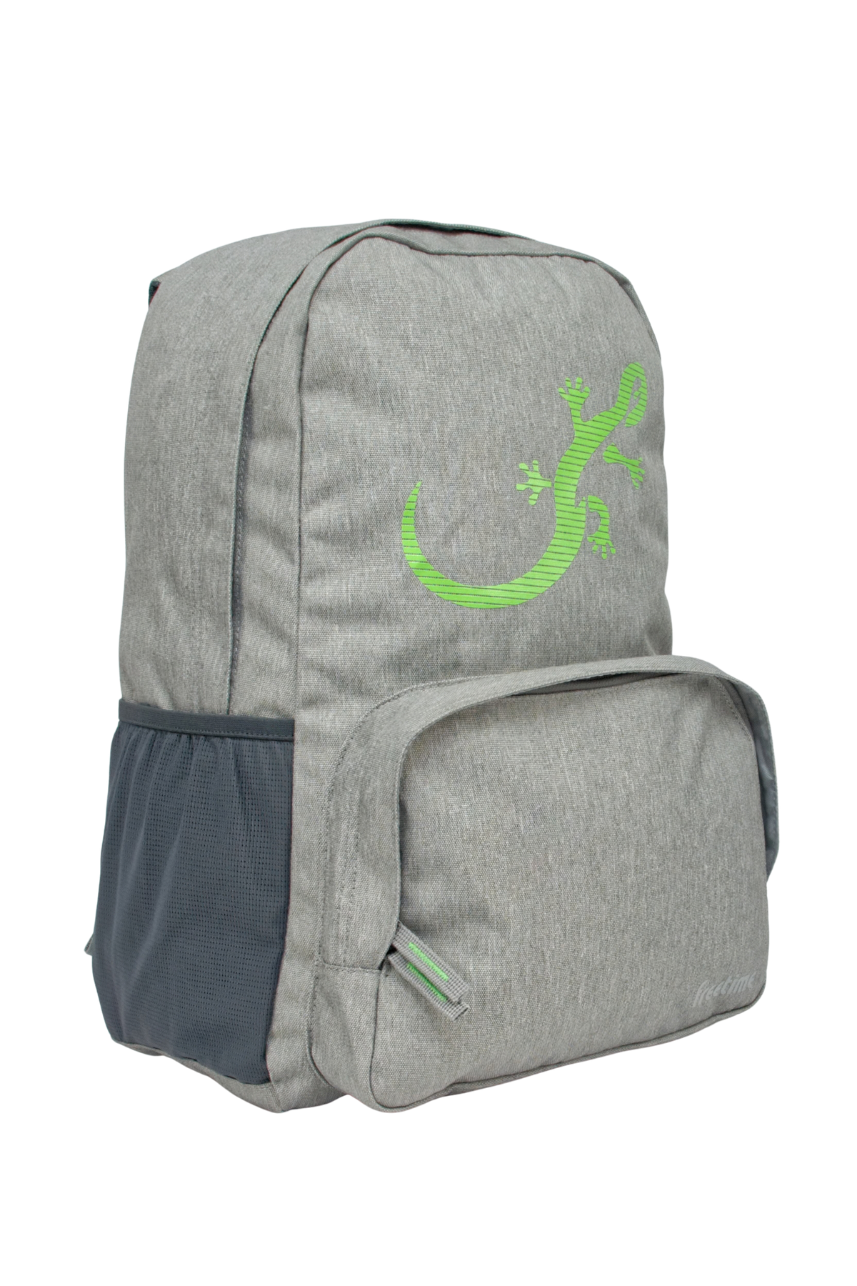 Sac à dos Freetime, modèle City G, capacité 18 litres, en polyester recyclé gris clair et logo salamandre vert, vue de 3/4