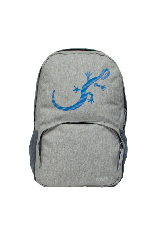 Sac à dos Freetime, modèle City M, capacité 18 litres, en polyester recyclé gris clair et logo salamandre bleu, vue de face
