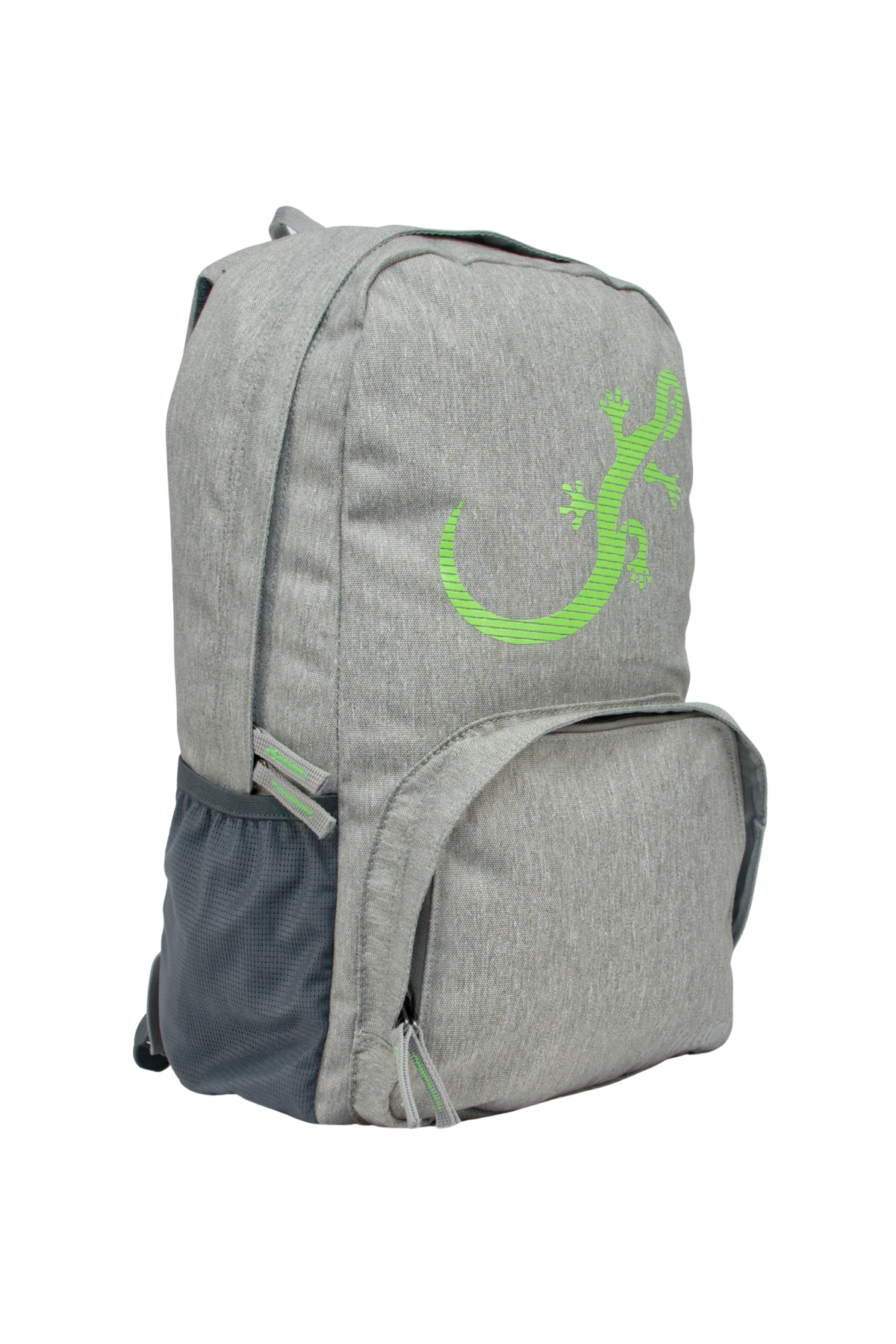 Sac à dos Freetime, modèle City M, capacité 18 litres, en polyester recyclé gris clair et logo salamandre vert, vue de 3/4