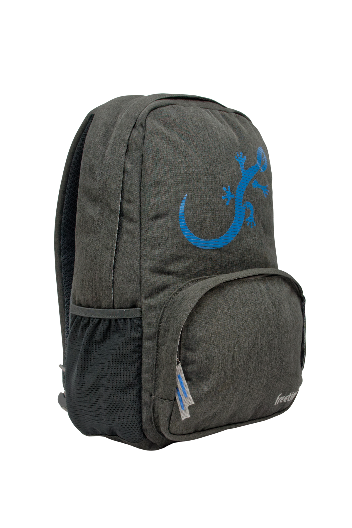 Sac à dos Freetime, modèle City M, capacité 12 litres, en polyester recyclé gris foncé et logo salamandre bleu, vue de 3/4