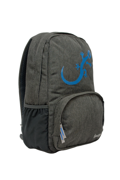 Sac à dos Freetime, modèle City M, capacité 12 litres, en polyester recyclé gris foncé et logo salamandre bleu, vue de 3/4