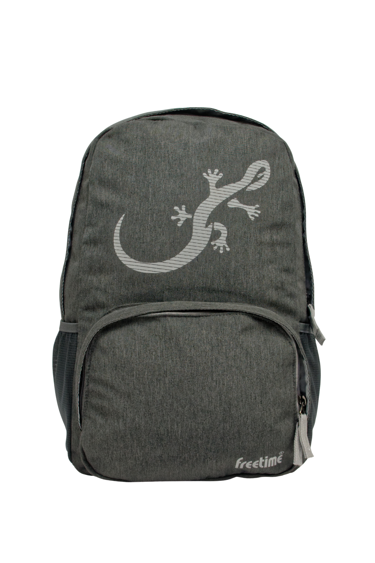Sac à dos Freetime, modèle City M, capacité 12 litres, en polyester recyclé gris foncé et logo salamandre réfléchissant (sans flash), vue de face