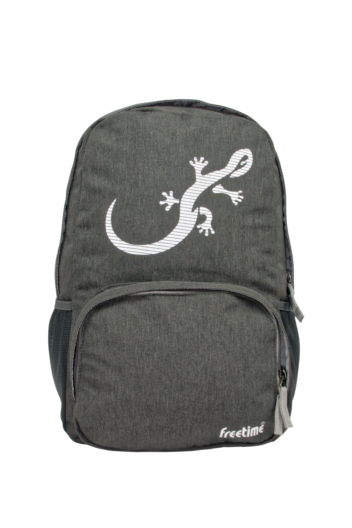 Sac à dos Freetime, modèle City M, capacité 12 litres, en polyester recyclé gris foncé et logo salamandre réfléchissant (avec flash), vue de face