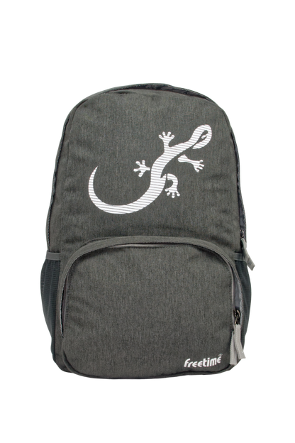 Sac à dos Freetime, modèle City M, capacité 12 litres, en polyester recyclé gris foncé et logo salamandre réfléchissant (avec flash), vue de face