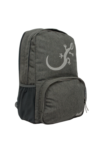 Sac à dos Freetime, modèle City M, capacité 12 litres, en polyester recyclé gris foncé et logo salamandre réfléchissant (sans flash), vue de 3/4