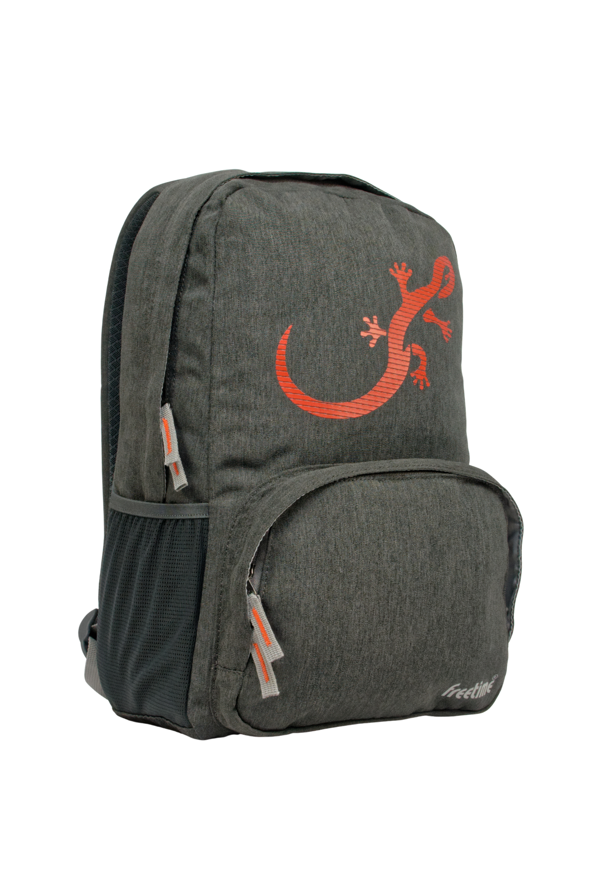 Sac à dos Freetime, modèle City M, capacité 12 litres, en polyester recyclé gris foncé et logo salamandre rouge, vue de 3/4