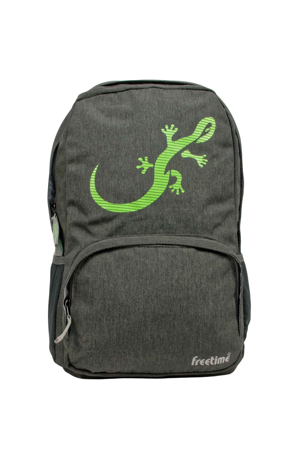 Sac à dos Freetime, modèle City M, capacité 12 litres, en polyester recyclé gris foncé et logo salamandre vert, vue de face