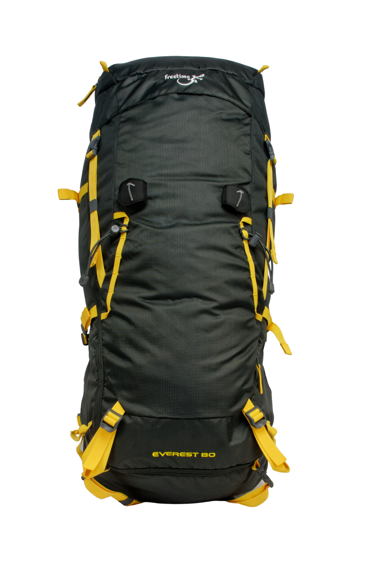 Sac de montagne Everest 80, génération 2.0, capacité 80 litres, gris foncé et sangles jaunes, traitement hydrophobe sans PFAS, vue de face