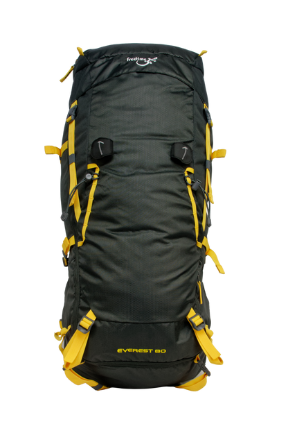 Sac de montagne Everest 80, génération 2.0, capacité 80 litres, gris foncé et sangles jaunes, traitement hydrophobe sans PFAS, vue de face