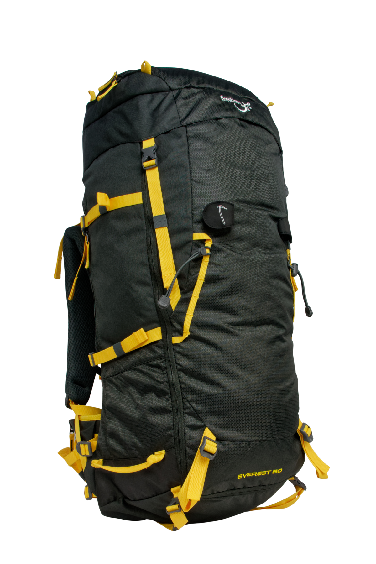 Sac de montagne Everest 80, génération 2.0, capacité 80 litres, gris foncé et sangles jaunes, traitement hydrophobe sans PFAS, vue de 3/4